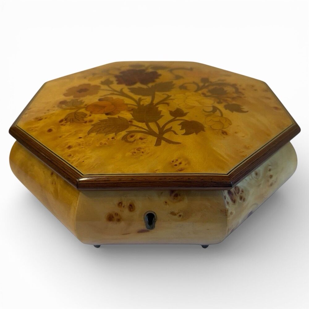 Reuge Vintage 1980s Music Jewelry Box Octagonal Burl Wood Floral Inlay Swiss